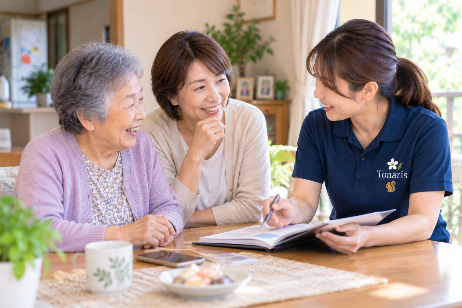日常のちょっとした家事を笑顔で手伝うスタッフと高齢の女性