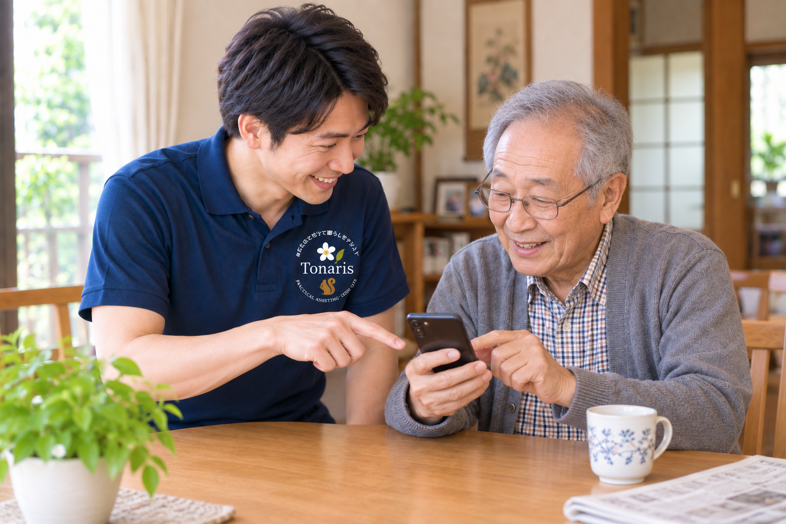 スマートフォンの使い方を教えるスタッフ