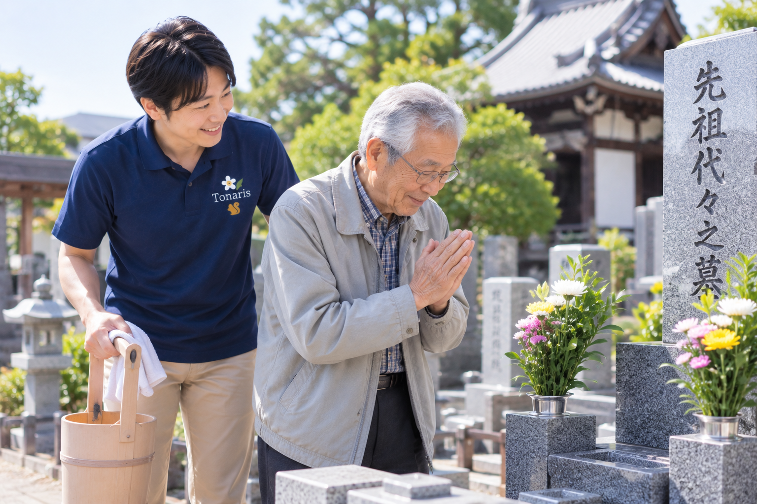 お墓参りに付き添うスタッフ