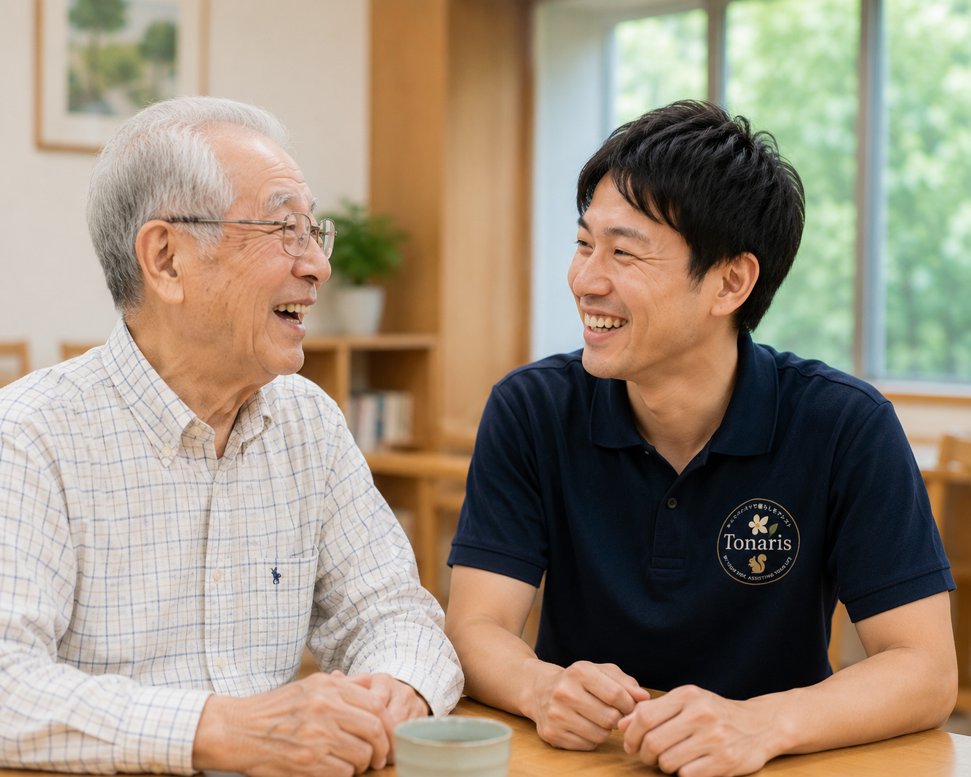 空き家についての相談チラシを見せるスタッフとご高齢の男性